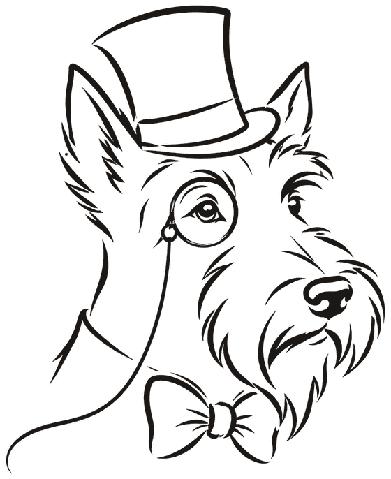 Dram, The Quirk's mascot — a Scottie dog in a top hat, monocle and bow tie